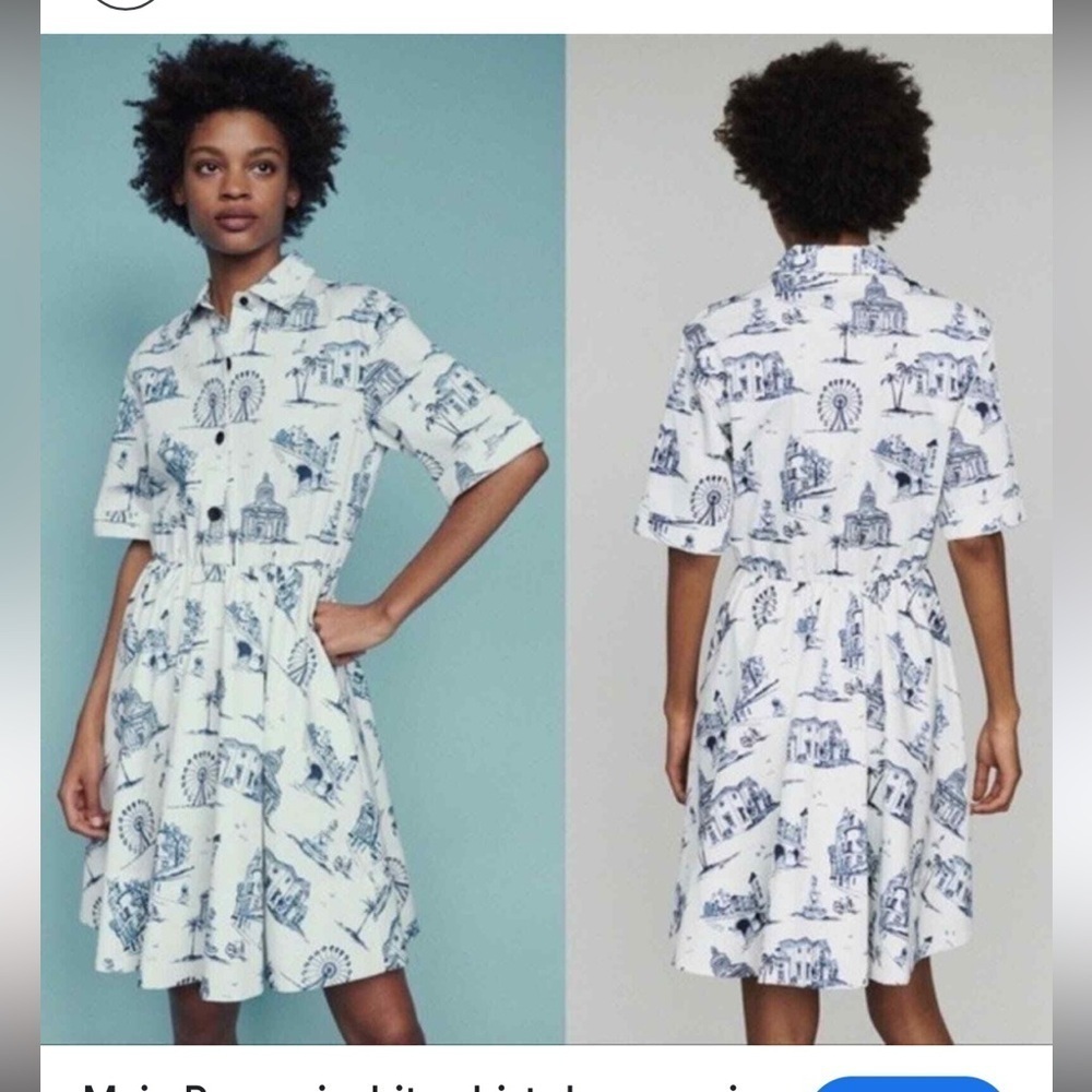 Maje Rapomi white shirt dress paris Print short sleeve Dress Size 3 FR 40 NWT